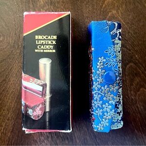 1980s Vintage NIB Blue Brocade Fabric Lipstick Holder Snap Caddy Case Mirror